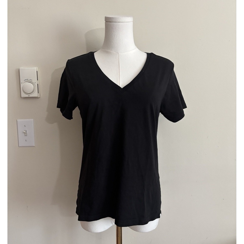 Pact Womens Small V Neck T Shirt Top Black Cotton Casual Comfort Stretch